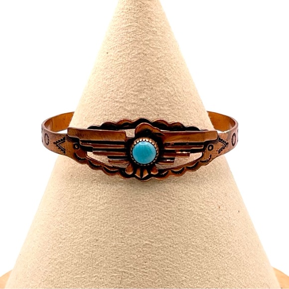 Genuine Solid Copper and Turquoise Navajo Thunderbird Cuff Bracelet Small Size - Picture 10 of 14